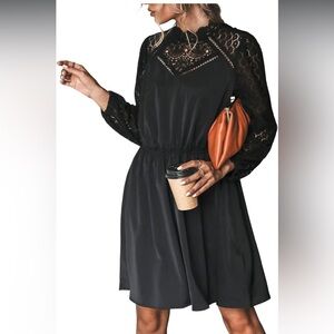 CUPSHE Women's Lace High Neck Short Length Long Sleeves Dress with Elastic Waist
